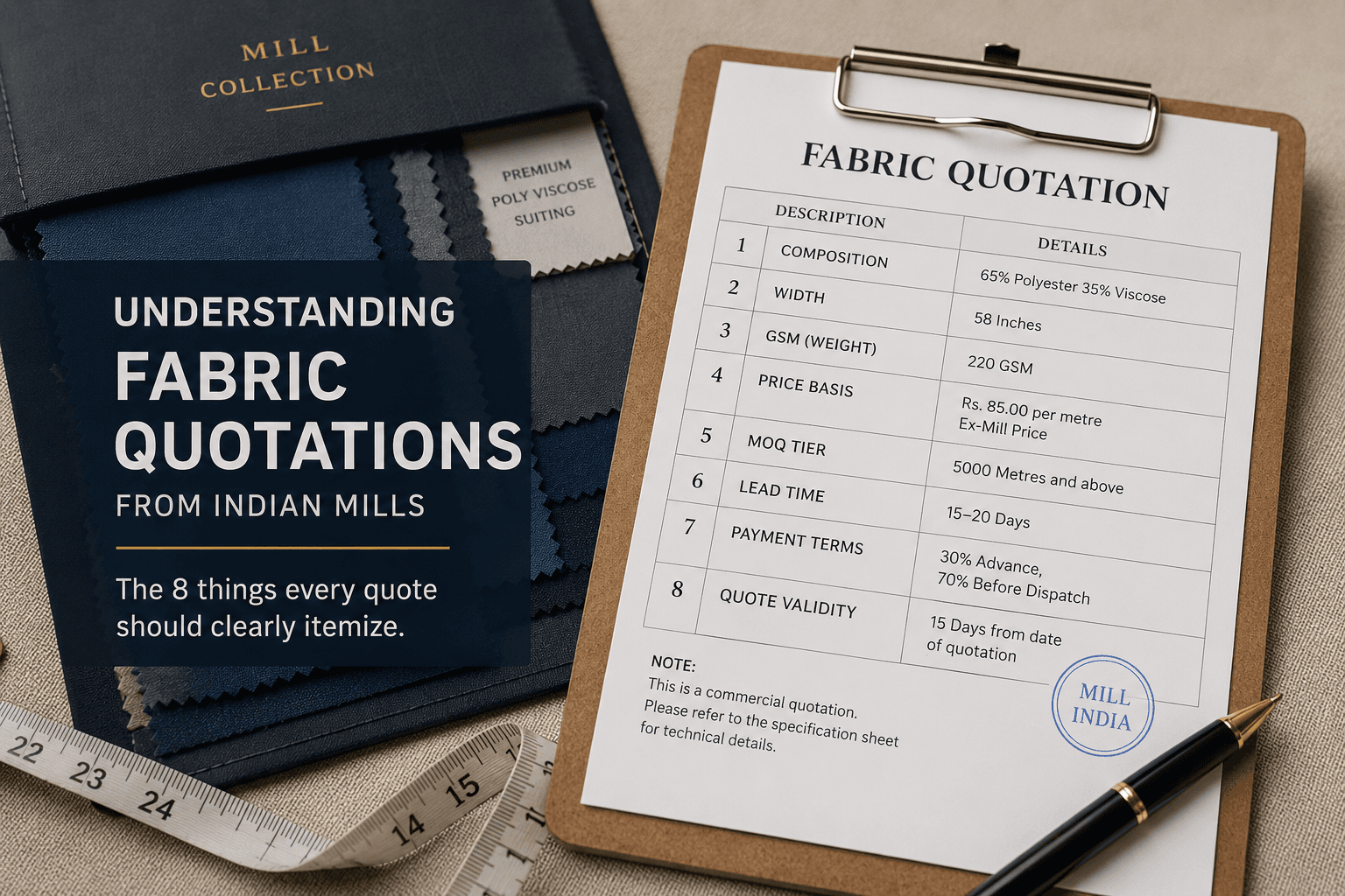 Example fabric quotation on a clipboard next to a swatch book, itemizing composition, width, GSM, price basis, MOQ tier, lead time, payment terms and quote validity