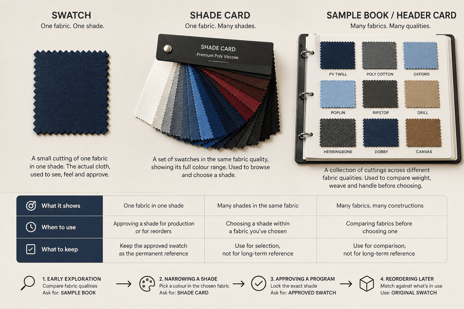 Infographic comparing a swatch, a shade card and a sample book or header card: what each one shows, when to use it, what to keep, and a four-step workflow from early exploration through reordering.