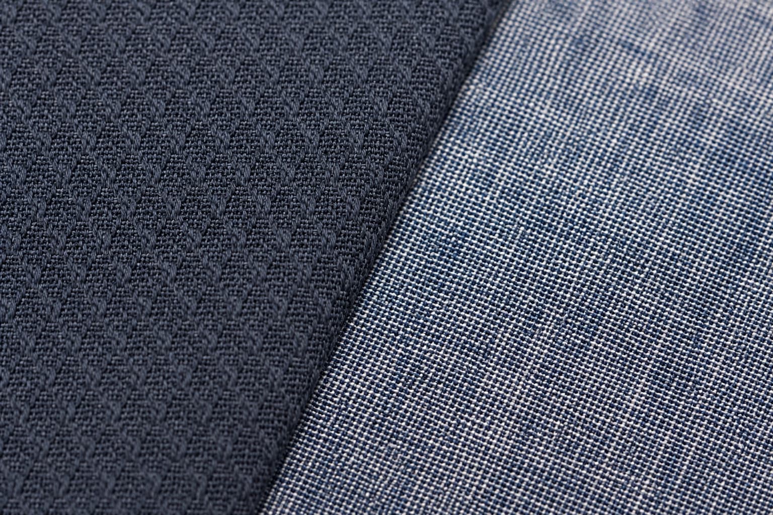 Close-up comparison of dobby weave and chambray weave fabric structures side by side