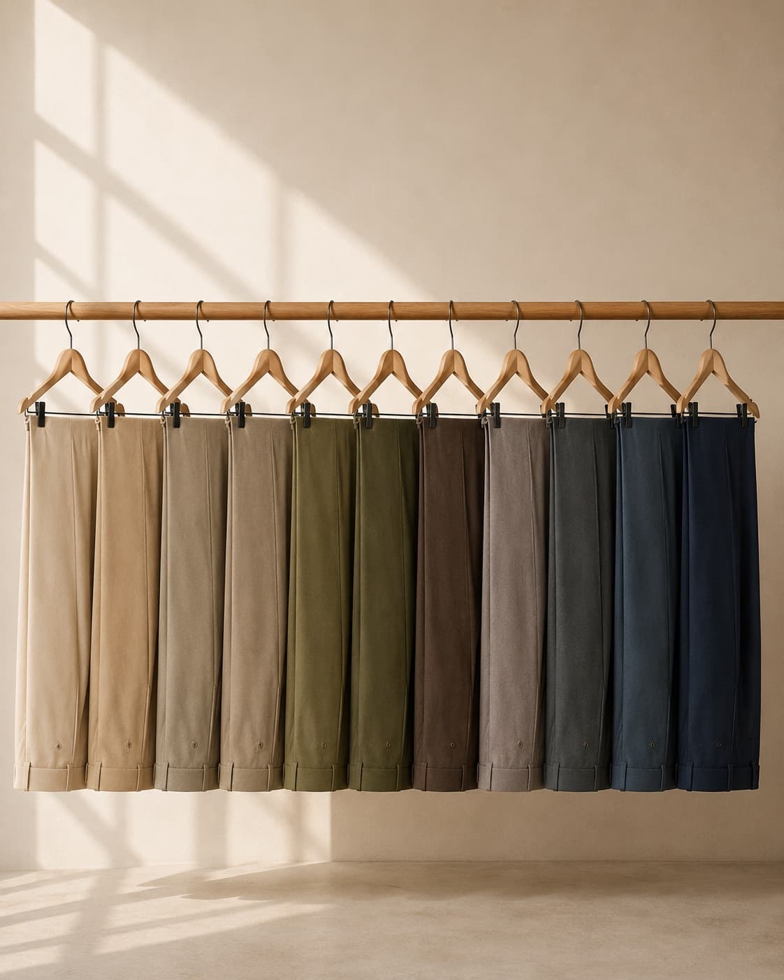 Rack of dyed uniform fabric in a range of institutional colours
