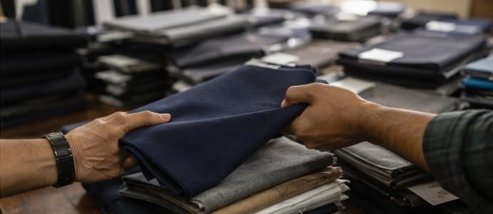 Close-up of hands exchanging folded fabric swatches for inspection, representing supplier sample review