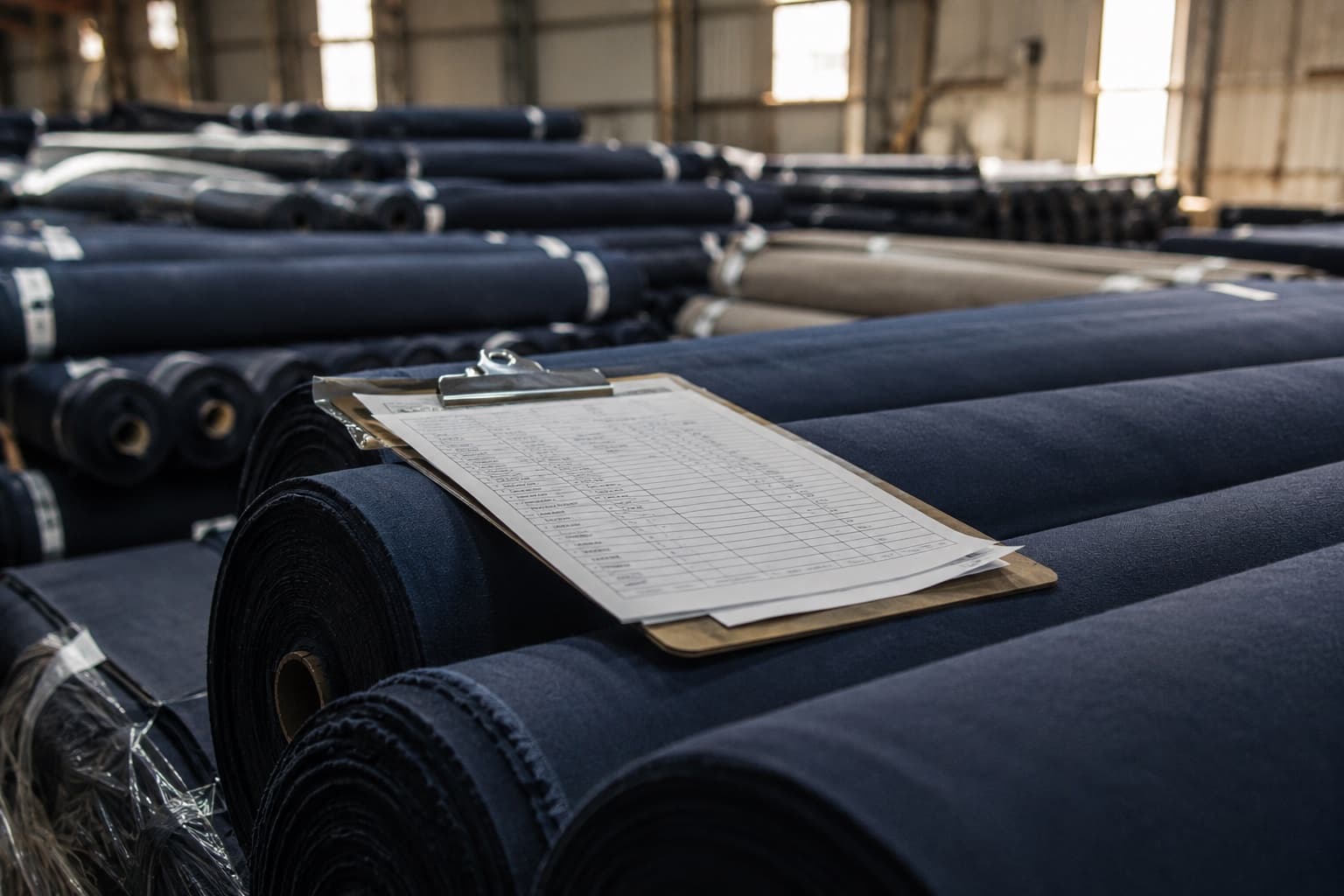 Shipping documentation resting on fabric rolls ready for export, representing incoterms and freight paperwork