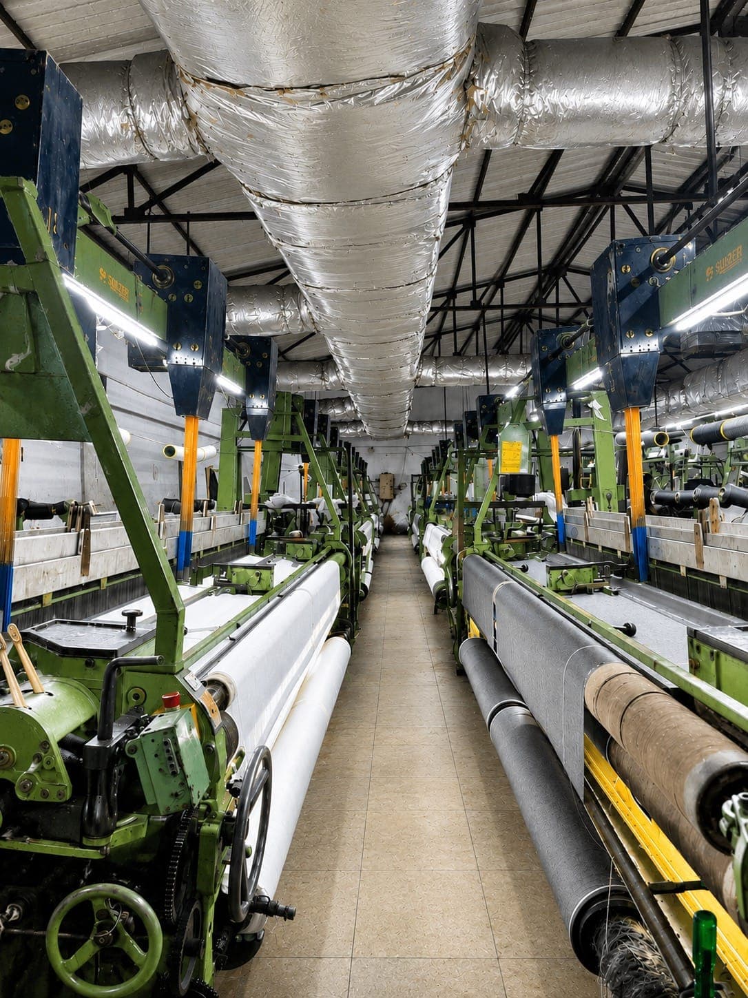 Weaving hall aisle inside a Bhilwara textile mill