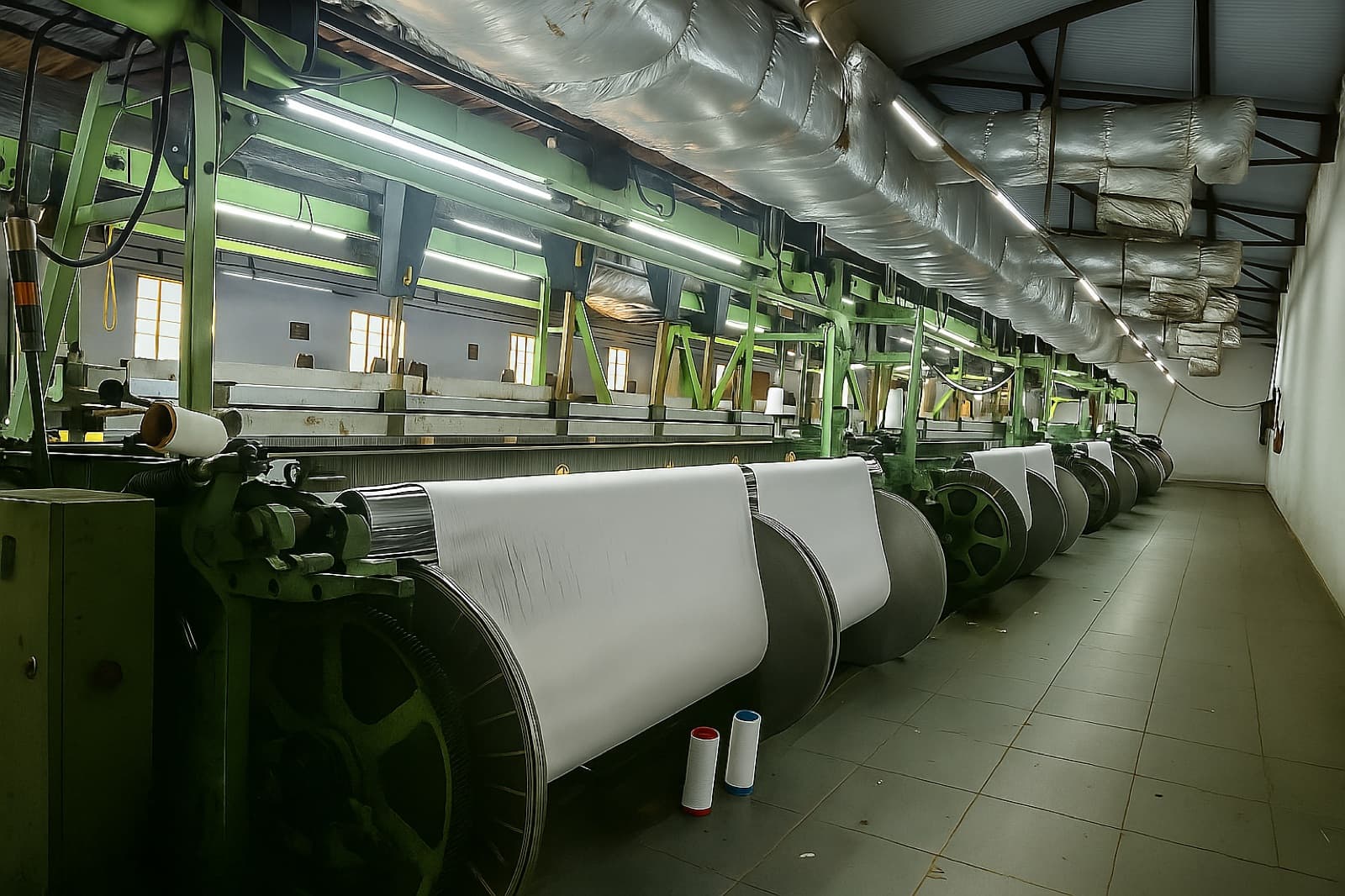 Row of looms winding freshly woven fabric onto rolls