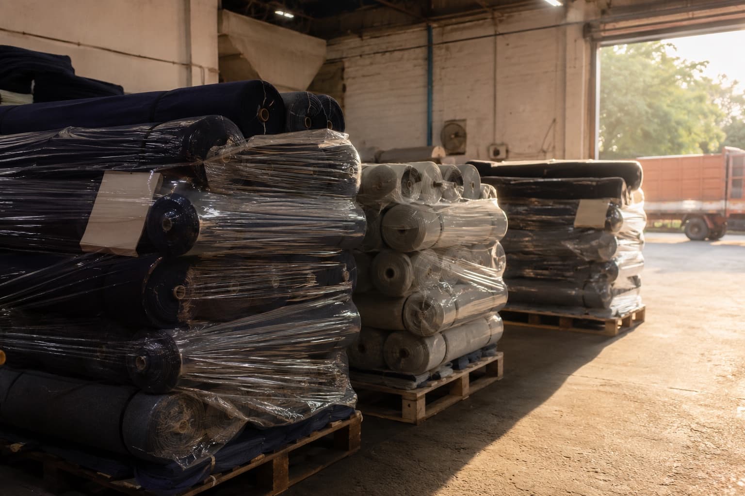 Suiting fabric rolls stacked and pallet-wrapped in a mill warehouse, ready for export to Gulf and Middle East uniform programs