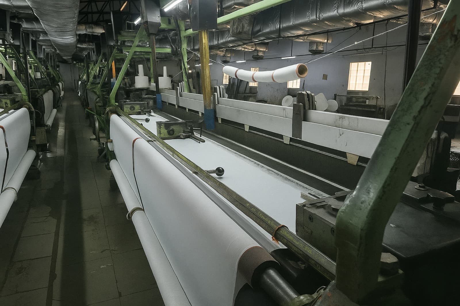 Wide view of the weaving hall with rolls of woven fabric on the looms at the Bhilwara mill
