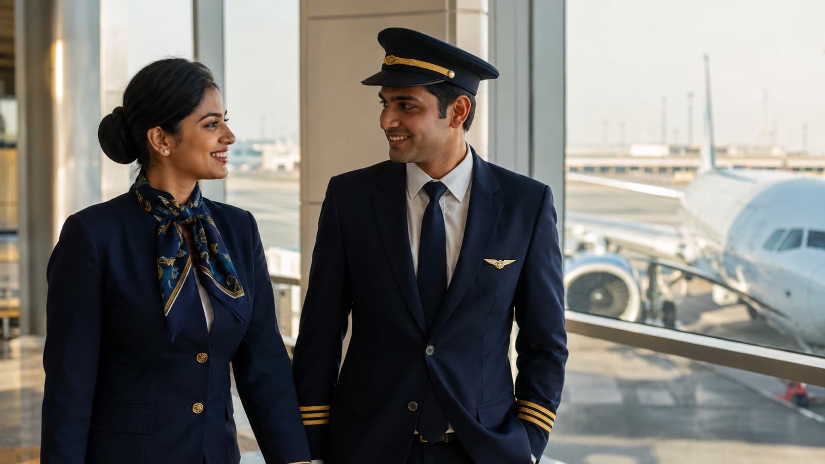 Airline cabin crew and pilot in navy uniforms