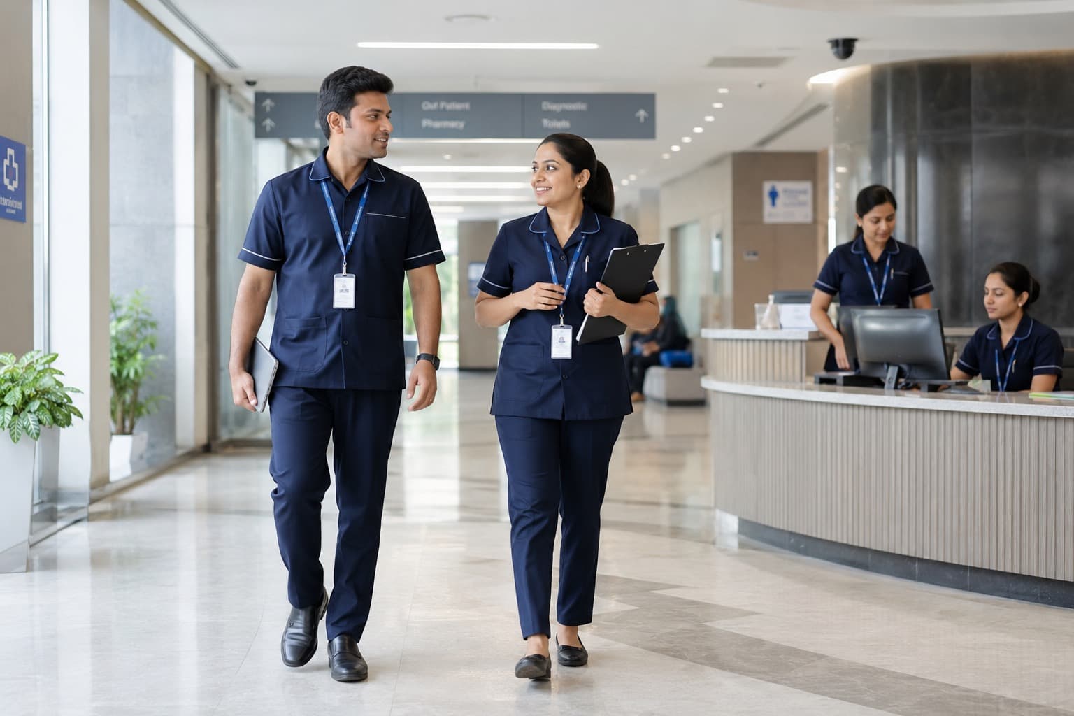Hospital staff in navy uniforms walking through a reception area