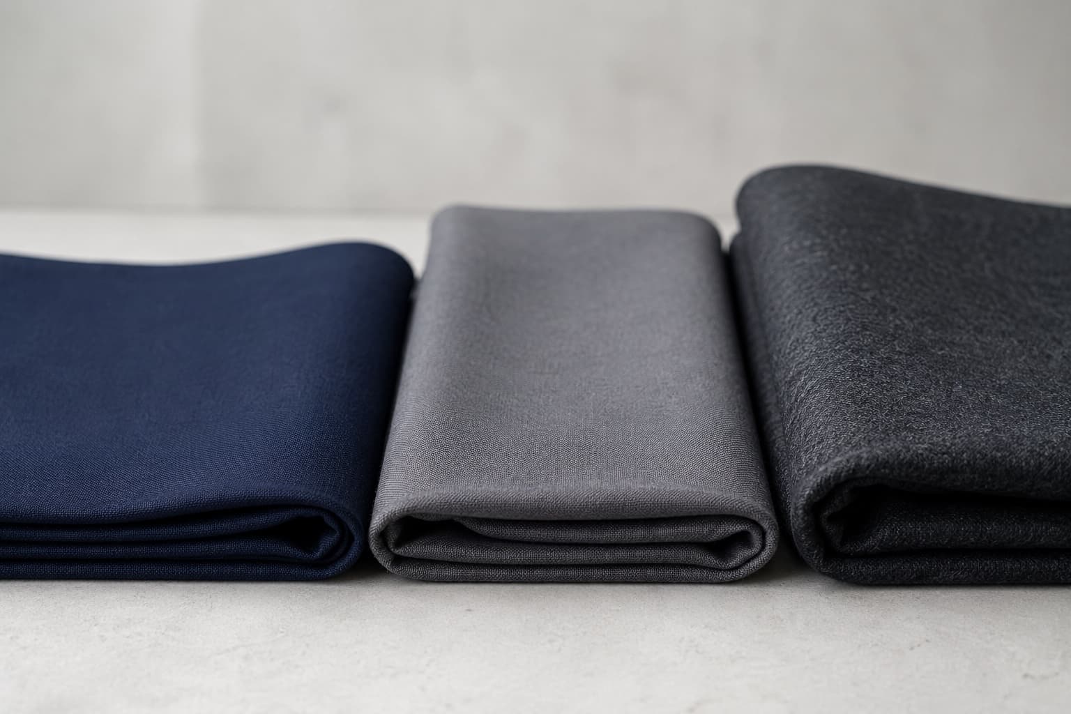 Three folded uniform fabric swatches in navy, grey and charcoal showing visibly different weights for GSM comparison