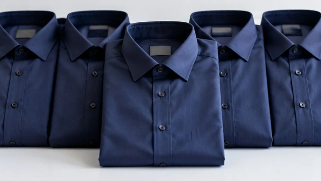 A row of folded navy uniform shirts on a white surface, one drawn slightly forward