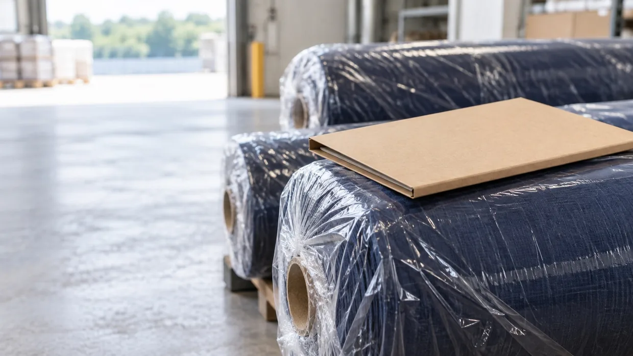 A plain closed document folder resting on a wrapped navy fabric roll in a mill despatch bay