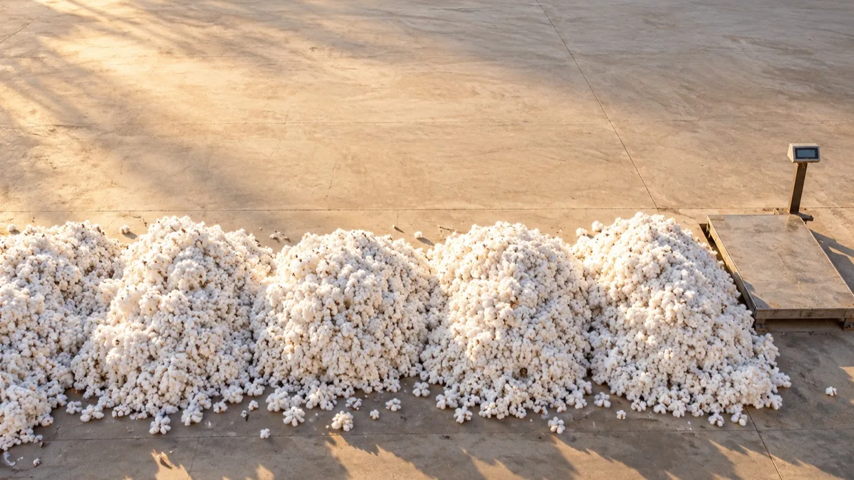 A short row of fresh seed-cotton heaps beside a platform scale in a sunlit gin yard