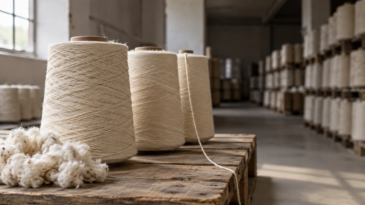 Cream undyed cotton yarn cones on a wooden pallet board in a mill yarn store beside raw cotton fibre
