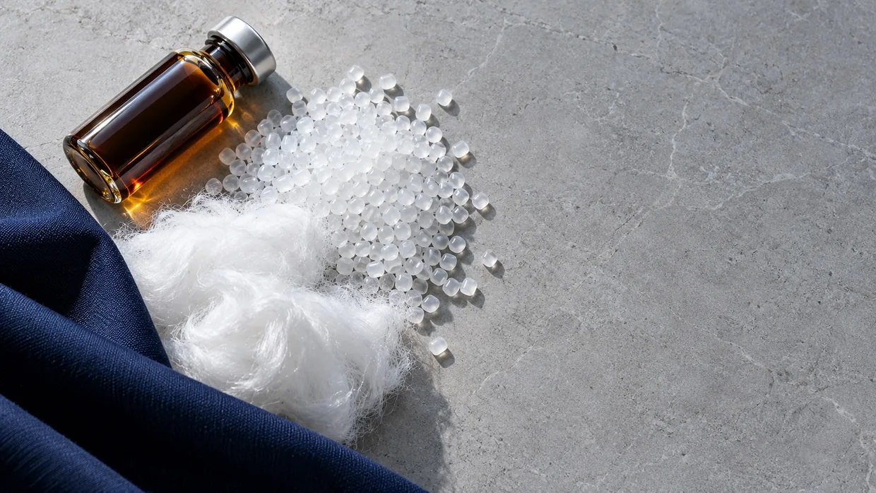 A sealed vial of crude oil beside polyester chips, white polyester staple fiber and a fold of navy suiting on grey stone