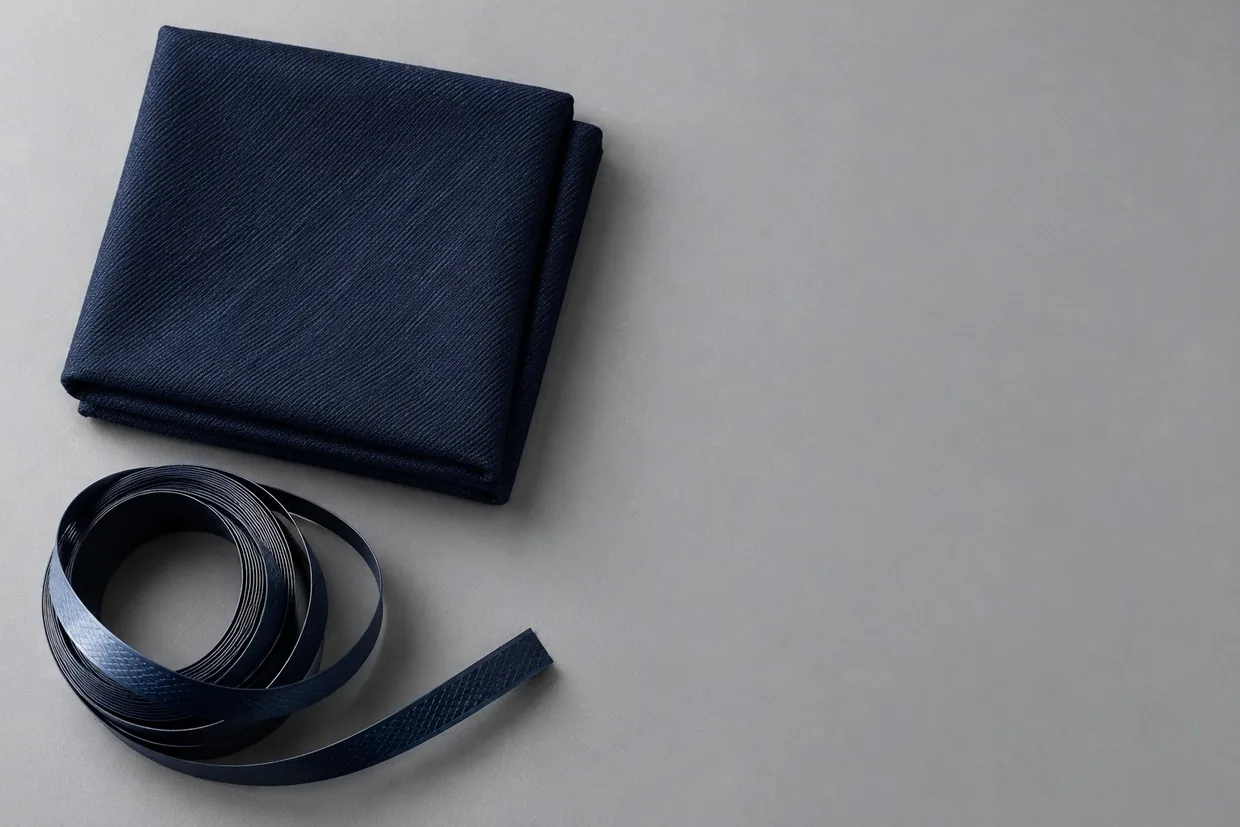 Folded navy poly-viscose suiting beside a coiled strapping band on a plain studio surface