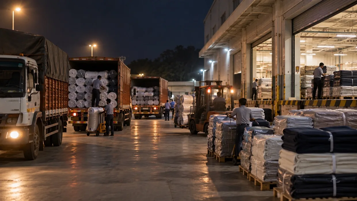 A truck being loaded in a mill despatch yard at night, one of many hand-offs along the textile chain