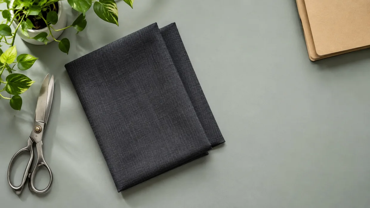 A folded charcoal suiting swatch beside a pair of tailor's shears on a plain desk under cool daylight