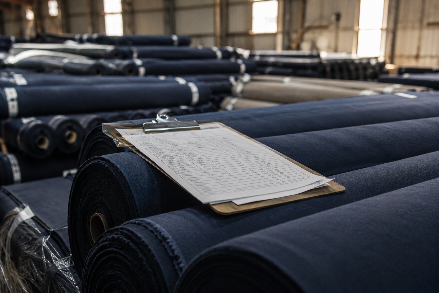 Shipping and tax documentation alongside packed rolls of fabric