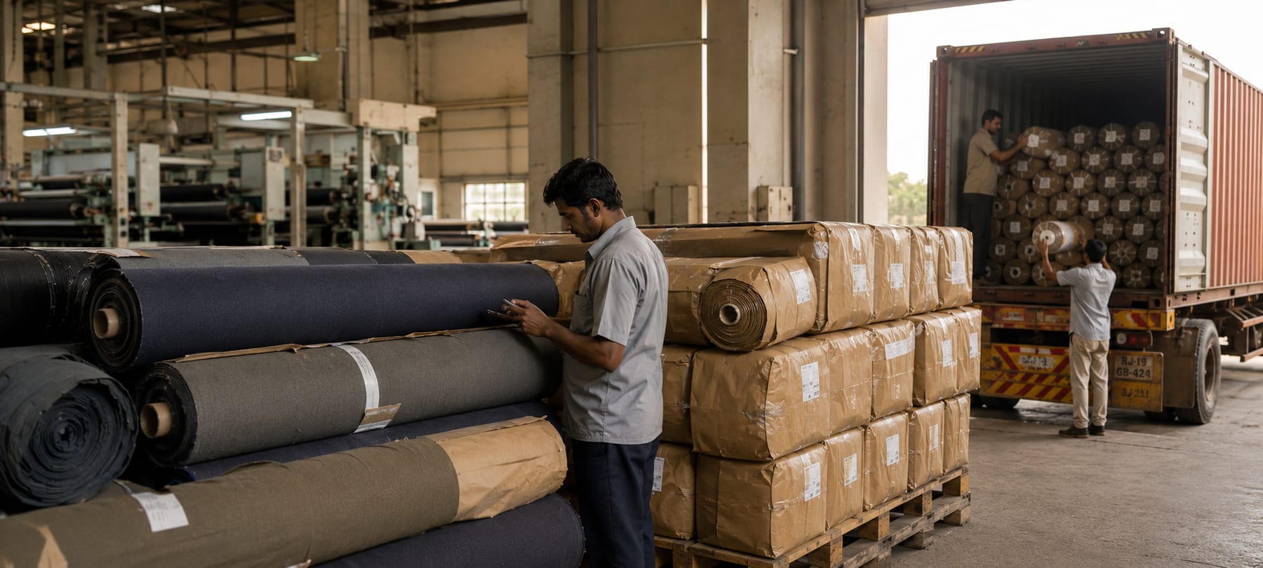 Fabric rolls being palletized and loaded into a shipping container