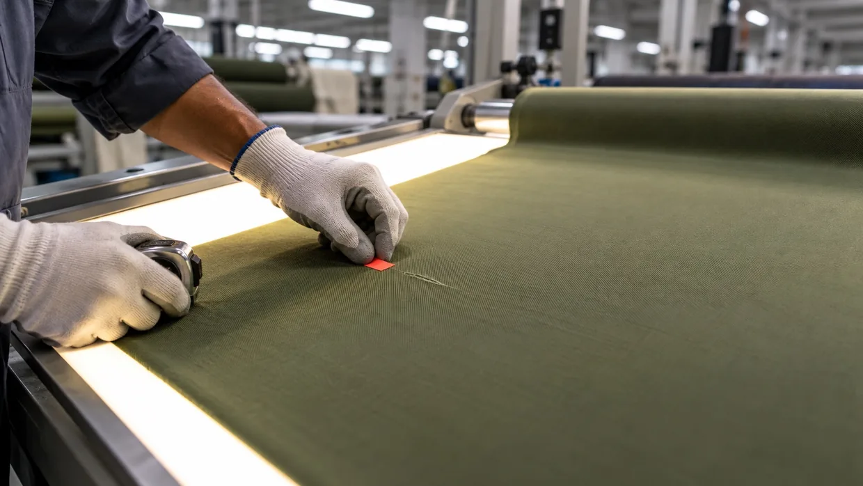 Gloved hands marking a weave fault on olive twill cloth over a backlit inspection table
