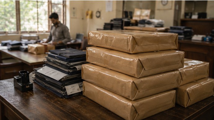 Fabric rolls bundled and labelled, ready for dispatch from the mill