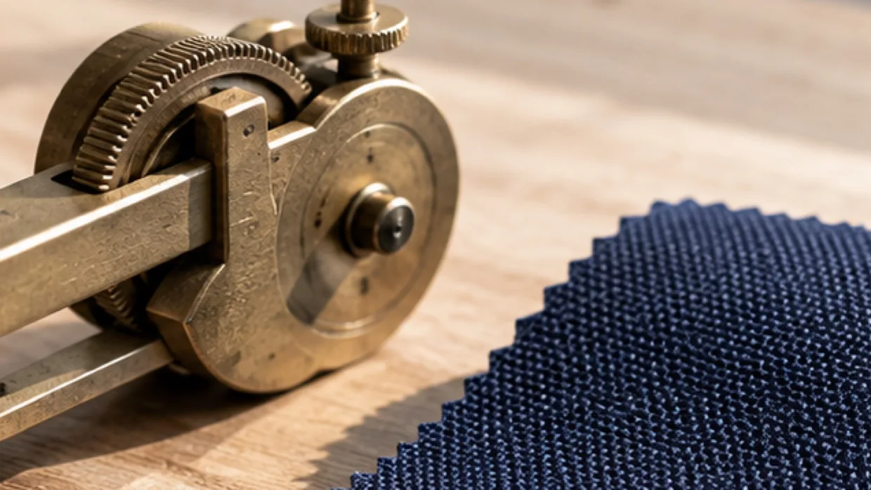 A brass yarn-counting instrument beside a zigzag-cut navy woven swatch on a wooden bench
