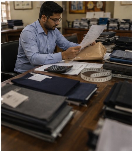 A mill representative calculating fabric yardage with a calculator and measuring tape beside fabric swatches