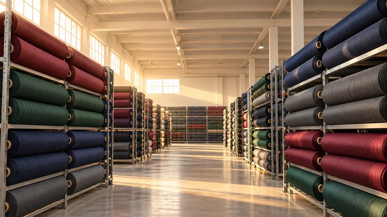 Racks of maroon, green and navy suiting rolls down a sunlit mill store aisle