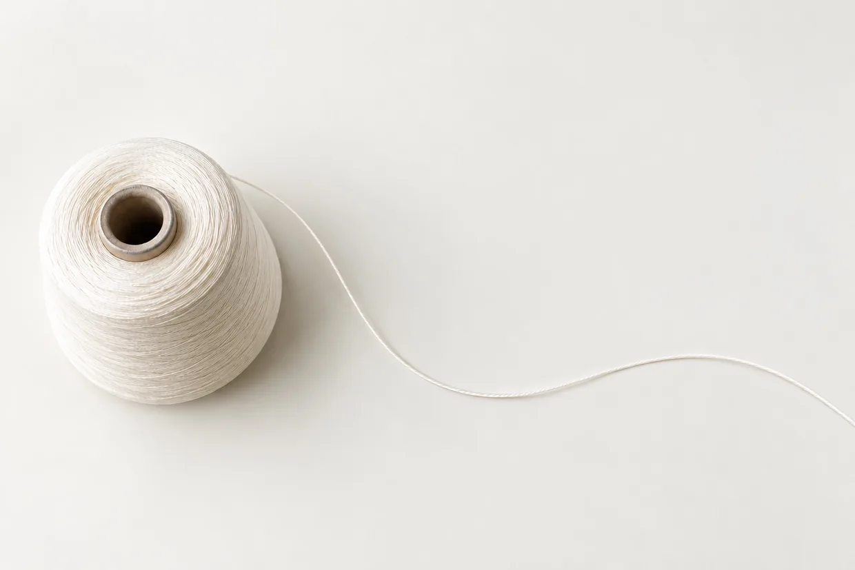 A cone of fine yarn unwinding in a single curve across a plain pale surface