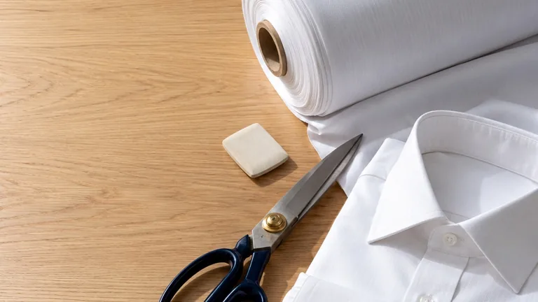 A folded white formal shirt beside a bolt of the same white shirting, with tailor's shears and chalk on an oak table