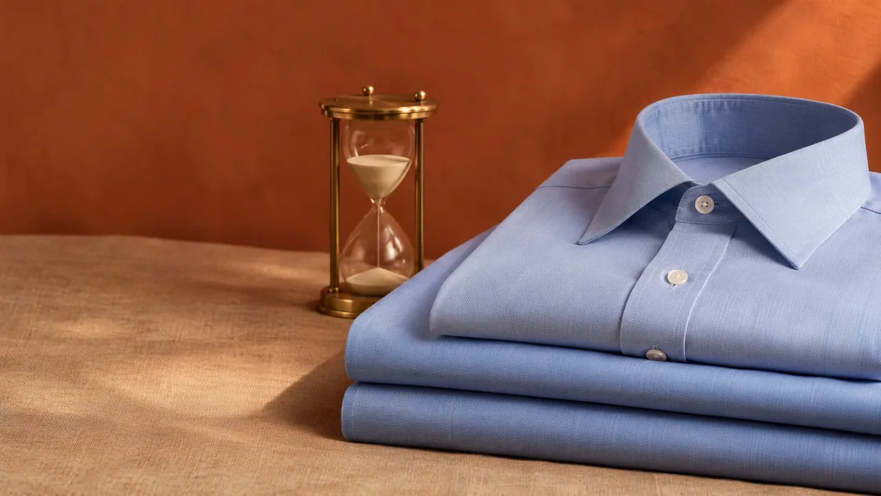 A folded light-blue shirt on a stack of shirting fabric beside a brass hourglass, in warm afternoon light