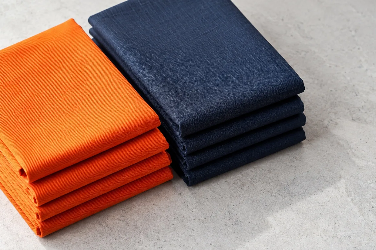 Two neat stacks of folded fabric swatches side by side, bright orange workwear cloth and navy suiting cloth, on a pale surface in soft daylight