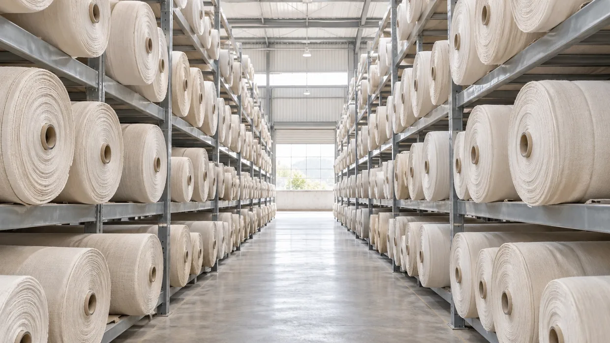 Rolls of undyed greige fabric racked in an aisle, waiting to go to the process house