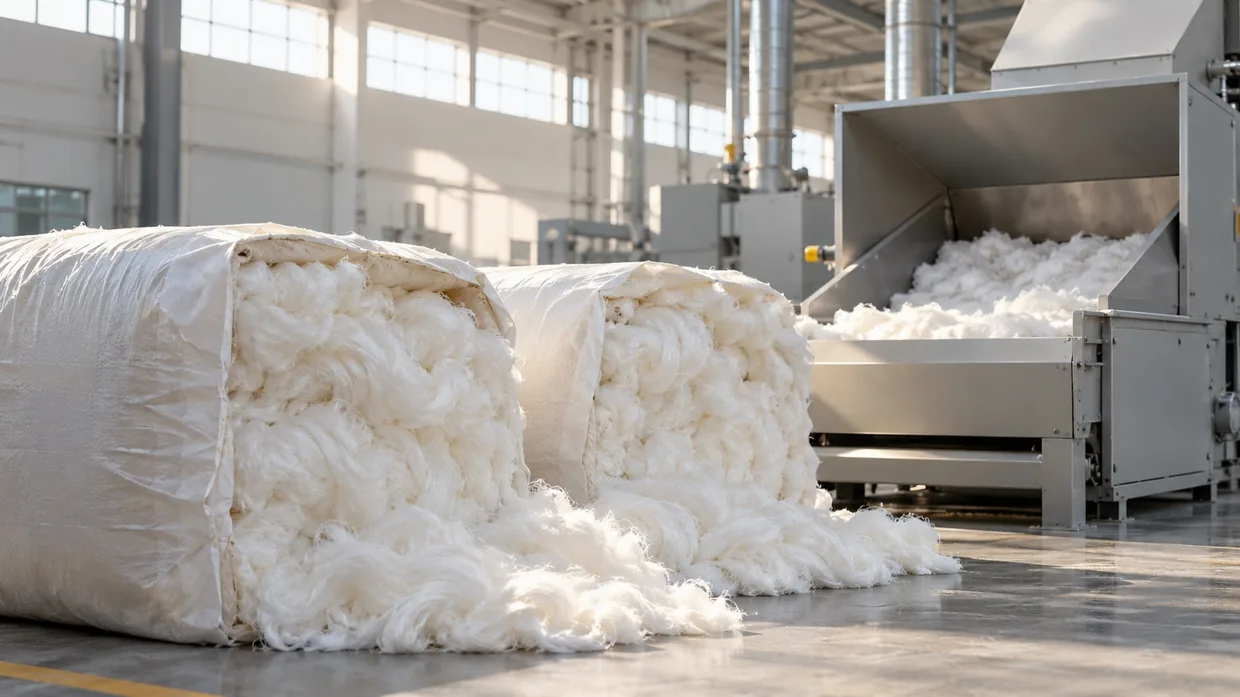 Two opened bales of white viscose staple fiber beside a clean blowroom feed hopper in a bright spinning mill intake bay