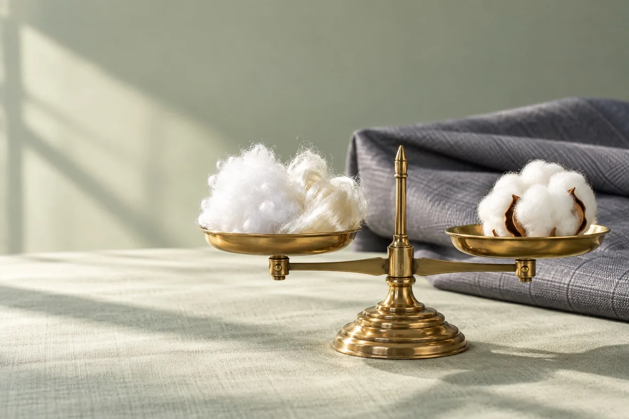 Polyester, viscose and cotton fiber resting on a brass balance scale in soft morning light