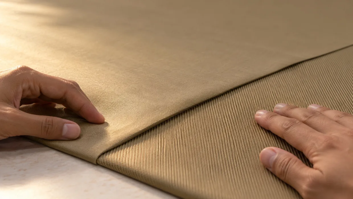 Khaki shirting and trouser twill overlapped to show one matched shade in two weaves
