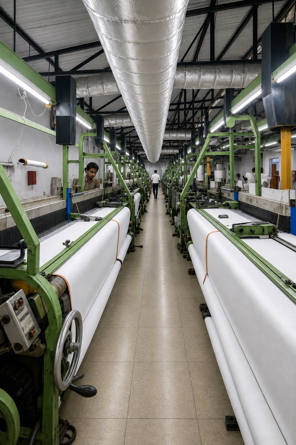 Worker walking the aisle between looms at the Benny Cotts mill