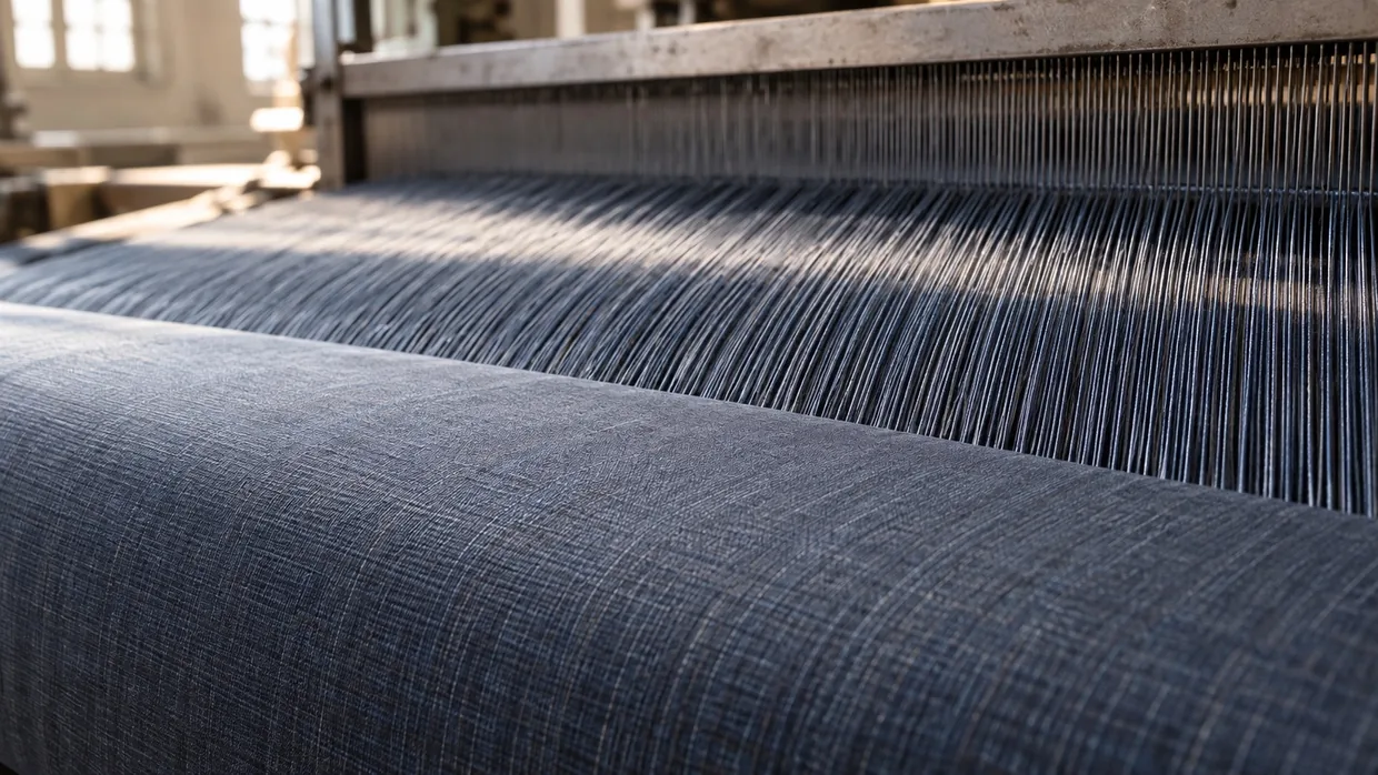 Steel-blue poly-viscose suiting forming at the fell of the cloth on a running loom