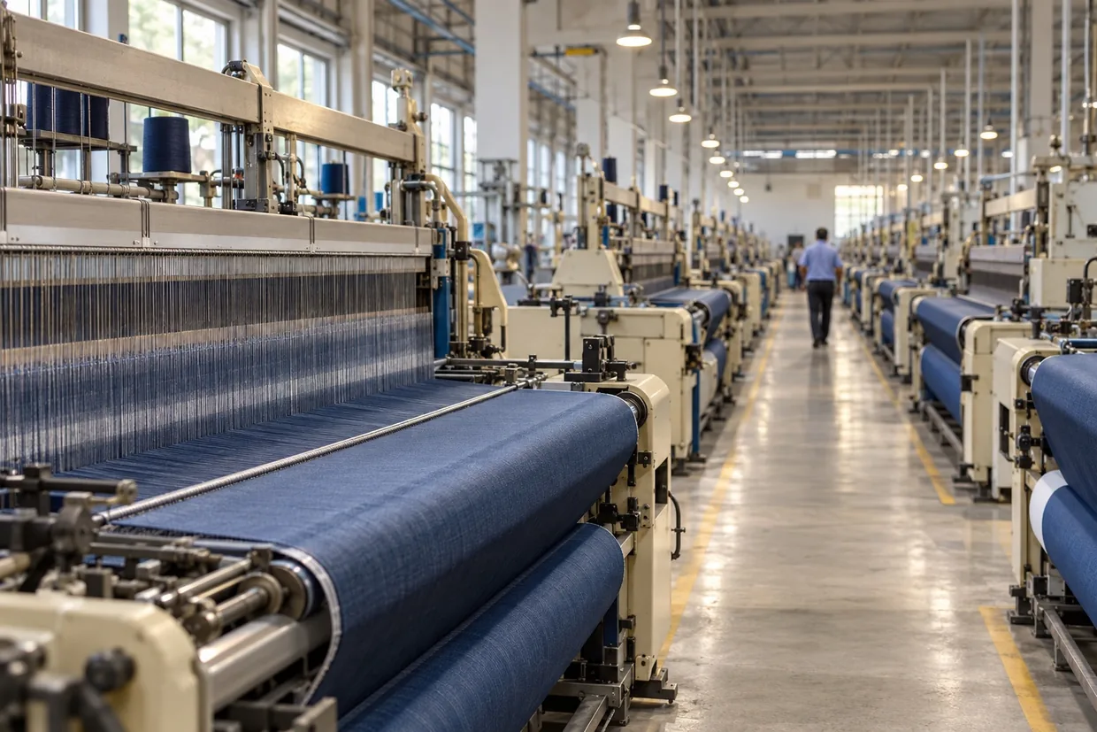 An aisle of running looms weaving mid-blue suiting cloth onto take-up beams in a bright mill shed