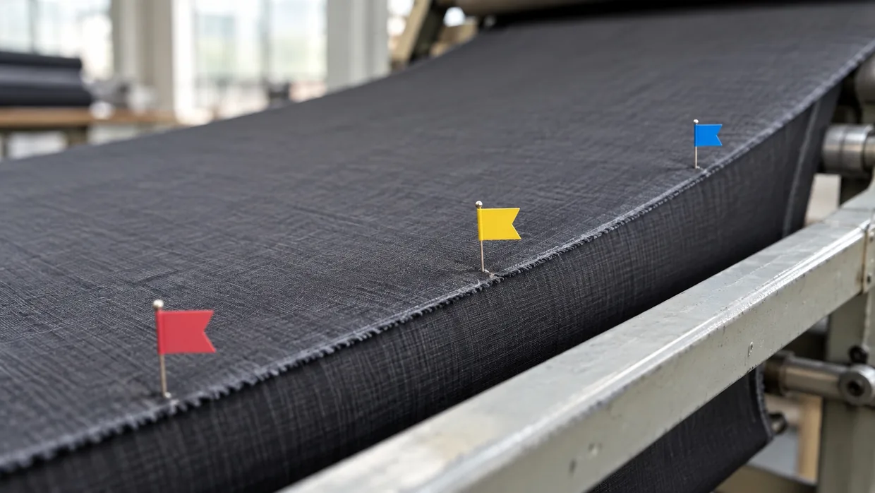 Coloured marker flags pinned along the edge of charcoal suiting on an inspection frame, marking faults to be scored