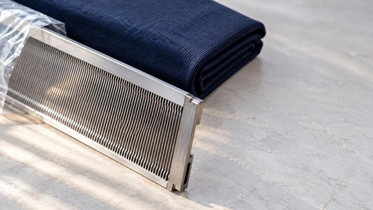 A new steel loom reed half-unwrapped beside folded navy poly-viscose suiting