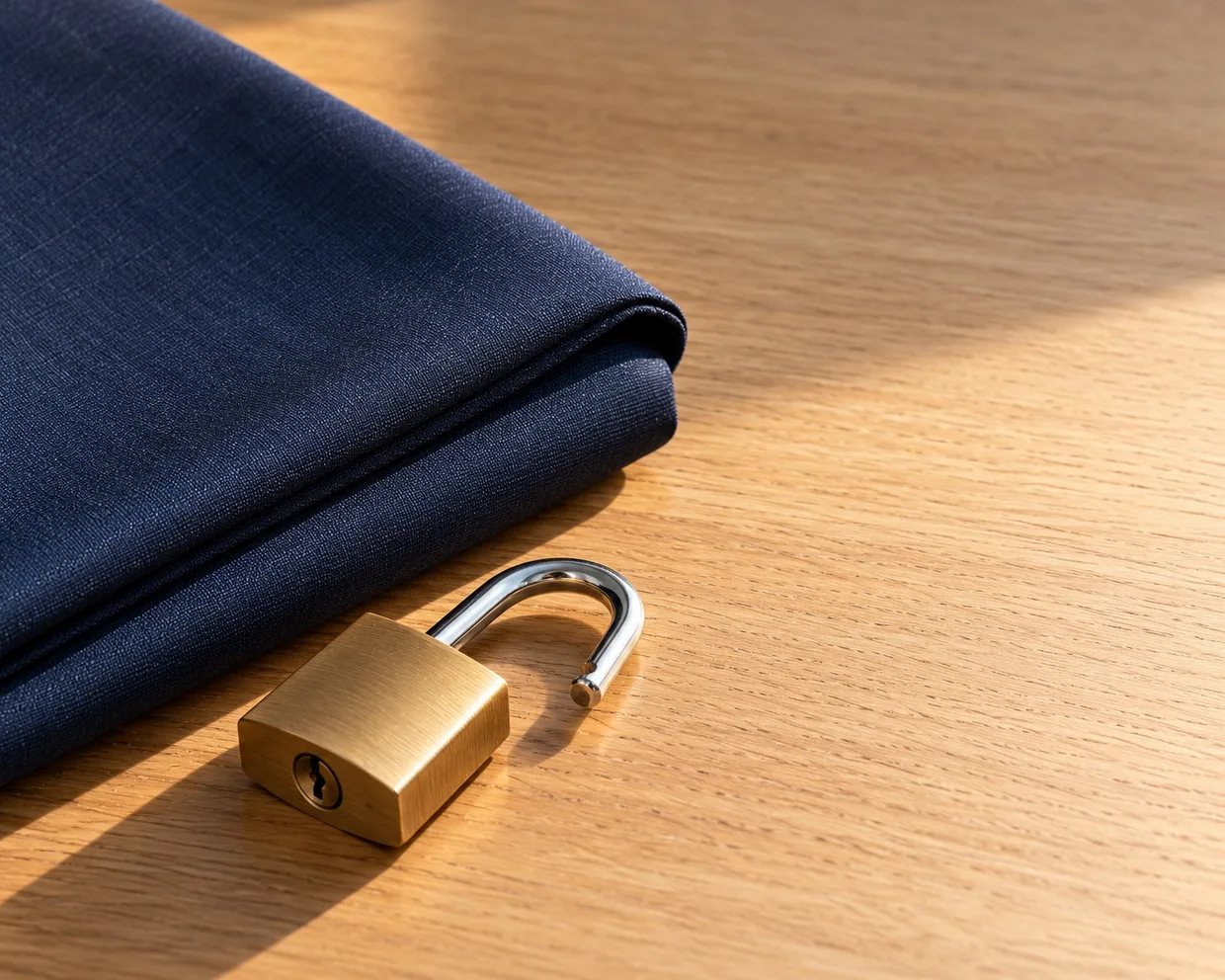 An open brass padlock beside a folded navy suiting length on a pale oak desk