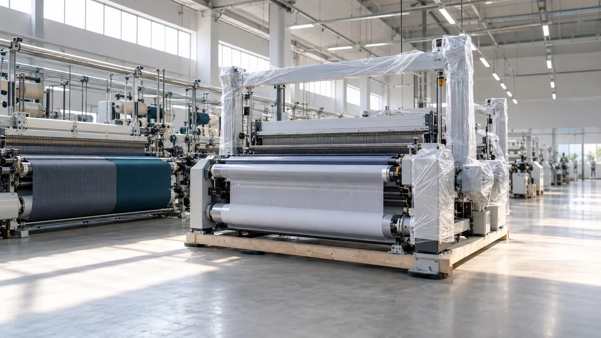 A new rapier loom, still part-wrapped in protective film, installed beside a running loom weaving grey and teal poly-viscose suiting