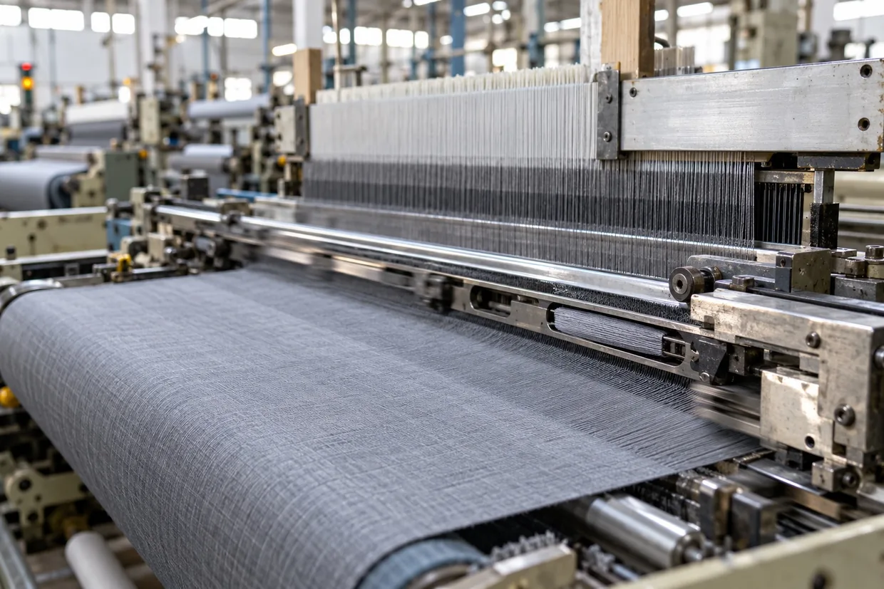 Close-up of a rapier loom weaving grey cloth, with the warp threads and weft carrier visible