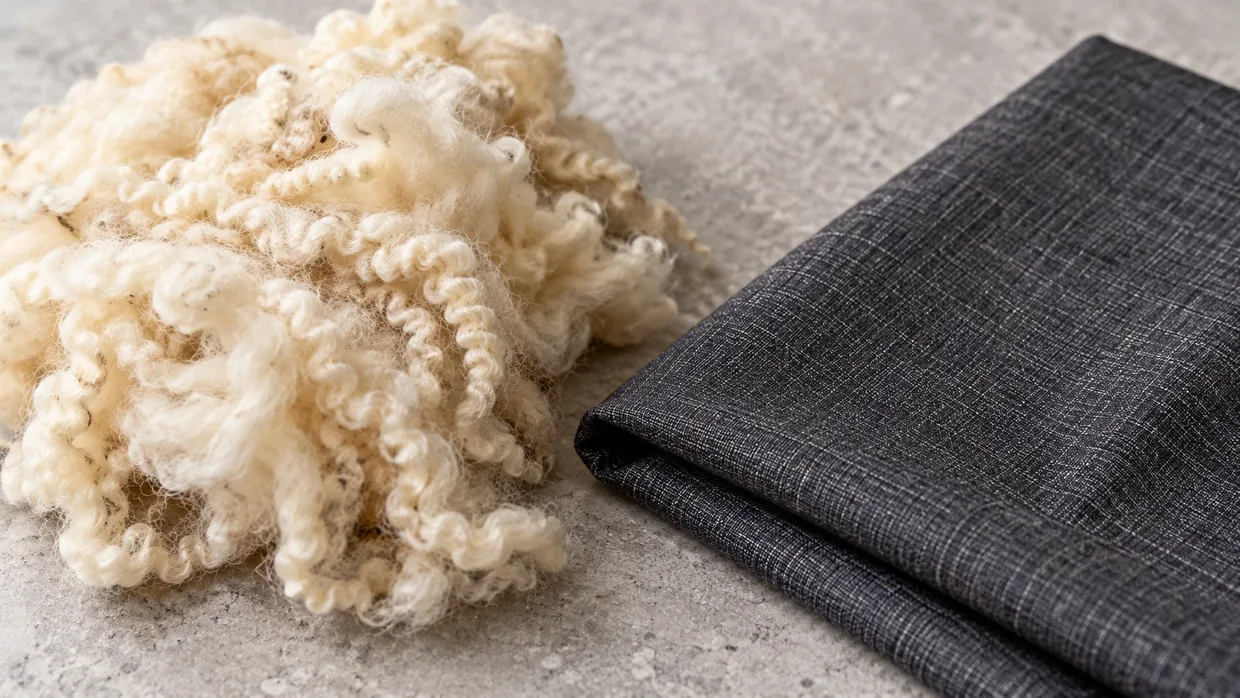 A tuft of raw cream Merino fleece resting beside a folded charcoal suiting swatch on grey stone