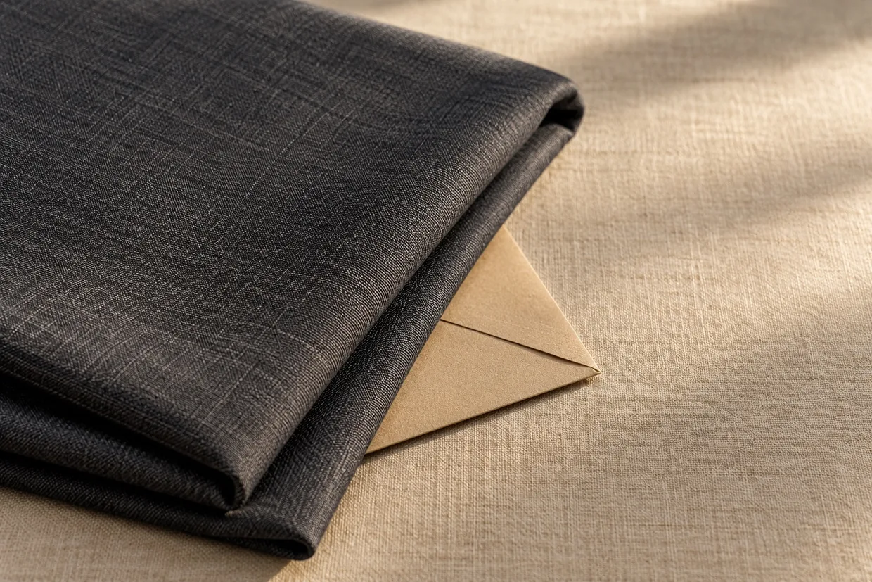 A folded length of charcoal poly-viscose suiting beside a sealed envelope, the cloth and the decision that has not been published