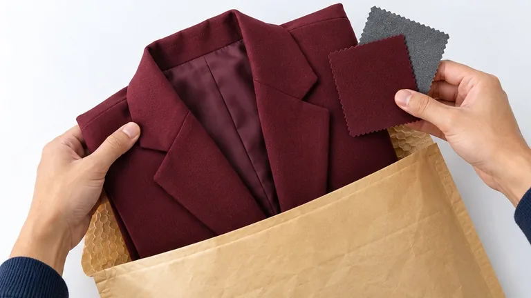 Hands packing a folded maroon blazer and two fabric swatches into a padded envelope