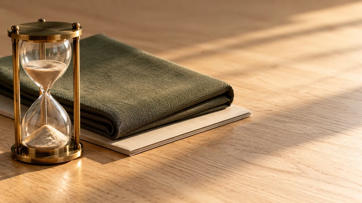 A half-run sand timer beside a folded olive suiting swatch on a closed folder