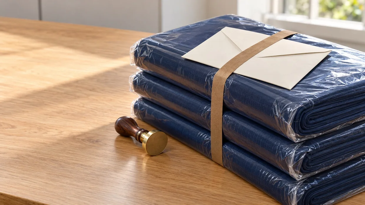 A sealed cream envelope strapped to three film-wrapped bolts of navy suiting on an oak table, with a brass stamp beside them