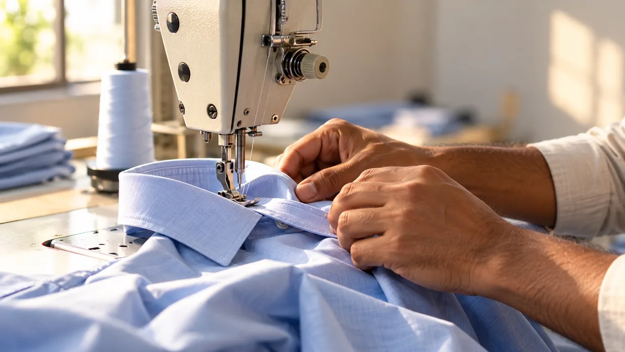 Hands guiding the collar of a light blue shirt under the needle of an industrial sewing machine